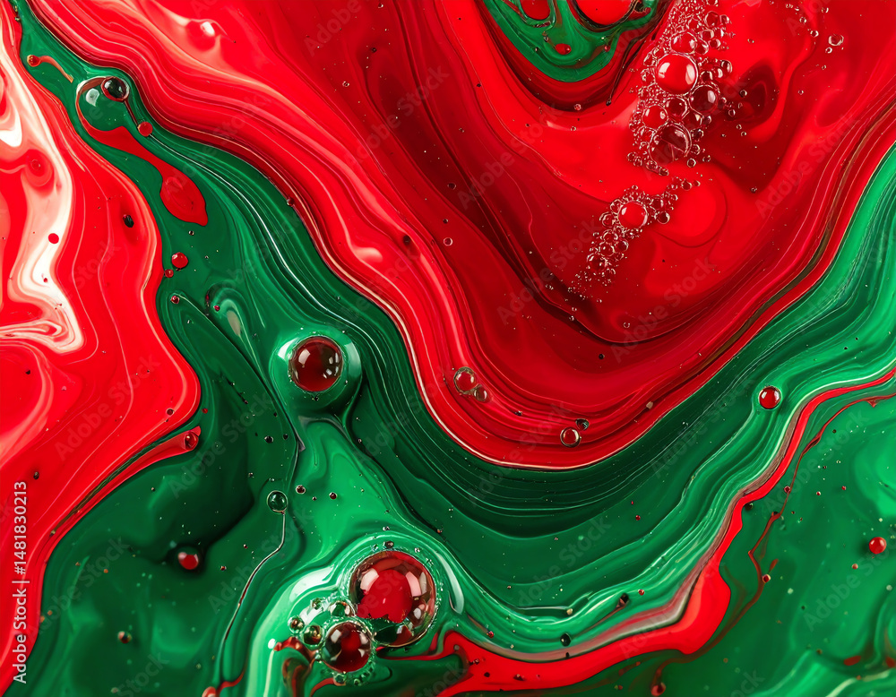 Poster swirls of red and green paint create a vibrant, abstract pattern, featuring bubbles and smooth textu
