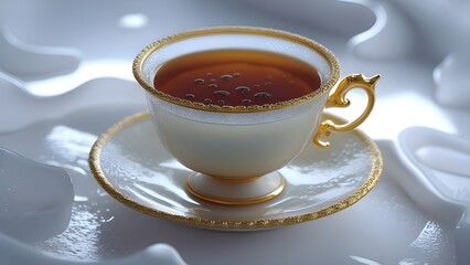 The image shows a delicate, white teacup with gold trim, filled with a dark amber liquid, likely black tea. The cup sits on a matching saucer with an intricate gold and white pattern. The tea appears 