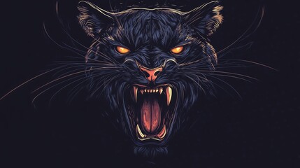 Illustration Of A Snarling Black Panther With Glowing Eyes. Menacing Vector Art For Edgy Designs.