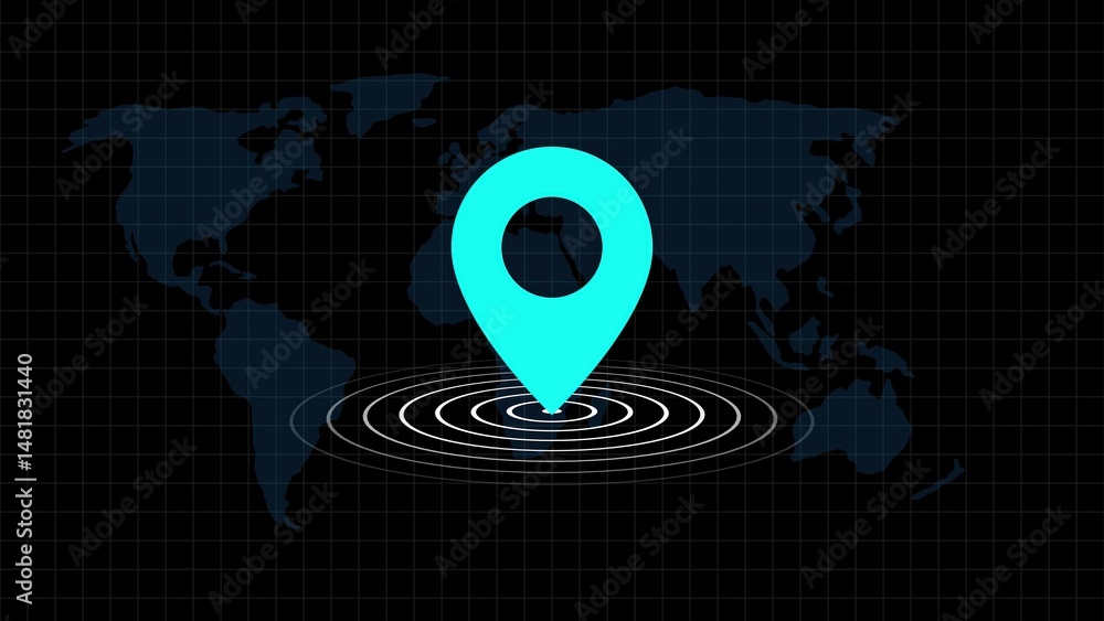 Poster global location concept with map marker and concentric circles representing location tracking and pr
