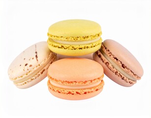 Assorted colorful French macarons with creamy vanilla filling, beautifully arranged and isolated on a clean white background, perfect for bakery ads, dessert branding, and food packaging design