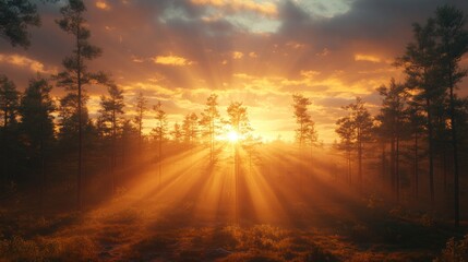 Obraz premium Golden sunrise rays through misty forest trees.