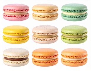 Fototapeta premium Assorted colorful French macarons with creamy vanilla filling, beautifully arranged and isolated on a clean white background, perfect for bakery ads, dessert branding, and food packaging design