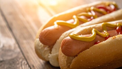 hot dogs with ketchup and mustard on wood background