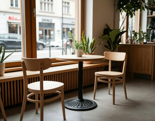 Fototapeta premium Empty Cozy Cafe Table with Natural Light and Scandinavian Design