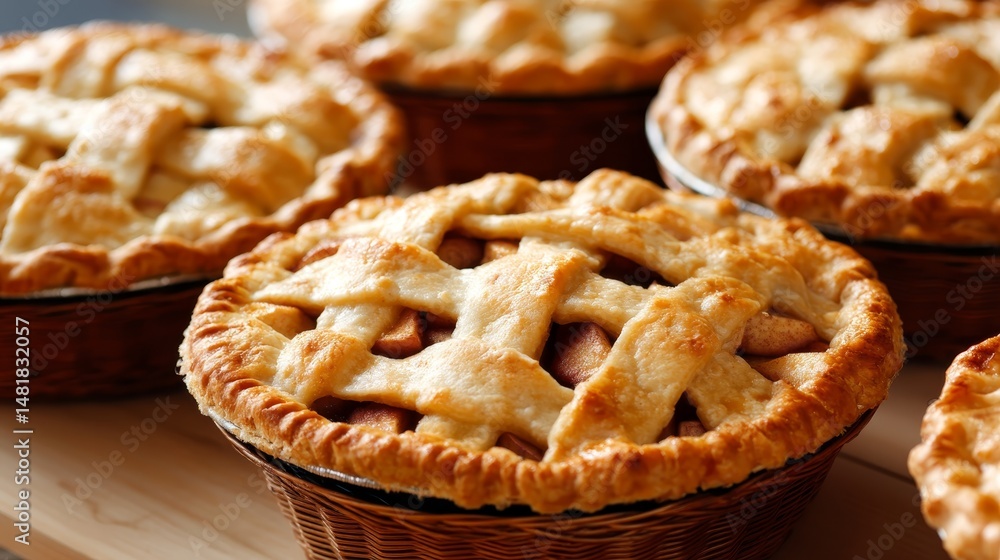 Poster freshly baked apple pies with golden crusts and caramelized edges sit on a rustic table, illuminated
