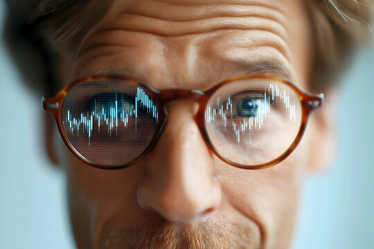 A man with glasses, reflecting soundwave or audio graph patterns, looks forward with curiosity and focus.