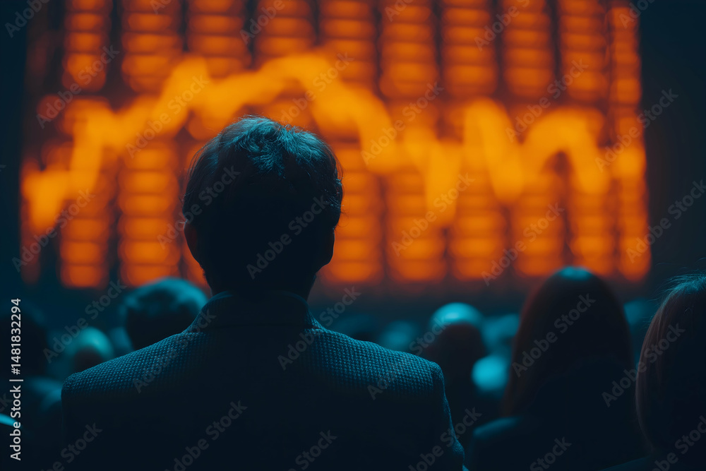 Poster a person observes a large screen displaying an orange fluctuating graph in a dark, crowded setting.