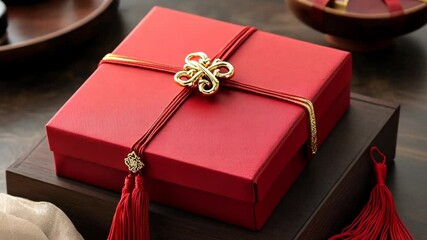 Elegant square red gift box adorned with golden decorative knot and tassel, on a dark wooden platform