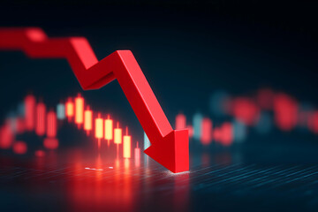 A large red arrow points downward over a digital financial chart, representing a sharp market decline or economic downturn.