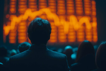A person observes a large screen displaying an orange fluctuating graph in a dark, crowded setting.