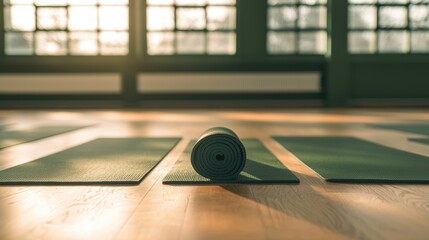 A yoga mat on a wooden floor.