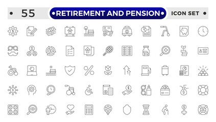Retirement and pension outline icon set. Employee benefit stroke icons set. Related to teamwork, insurance, Bonus, pension, Security. Line icon collection.