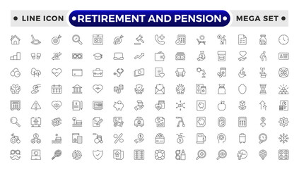 Retirement and pension outline icon set. Employee benefit stroke icons set. Related to teamwork, insurance, Bonus, pension, Security. Line icon collection.