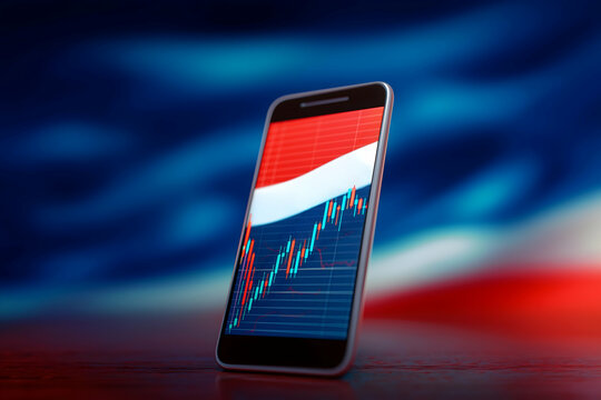 A smartphone displays a stock market chart with a trend line, set against a blurred background resembling the colors of the Russian flag. - Powered by Adobe
