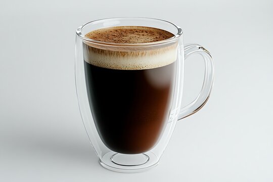 double walled glass mug filled with dark coffee is presented against a stark white background