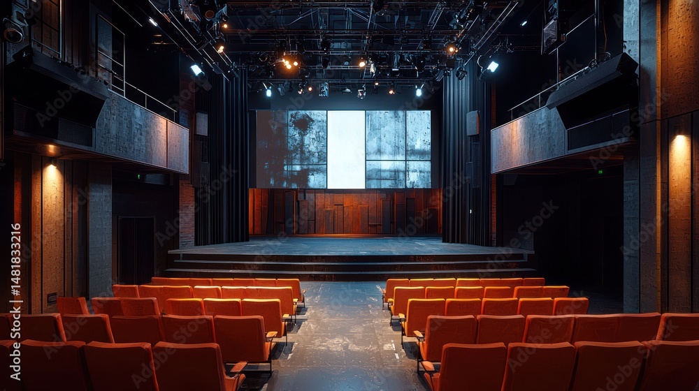 Poster empty auditorium with a modern stage and projection screen.