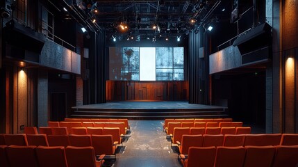 Naklejka premium Empty auditorium with a modern stage and projection screen.