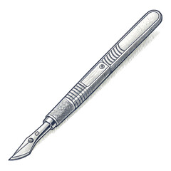 A detailed illustration of a scalpel with a textured handle and sharp blade.