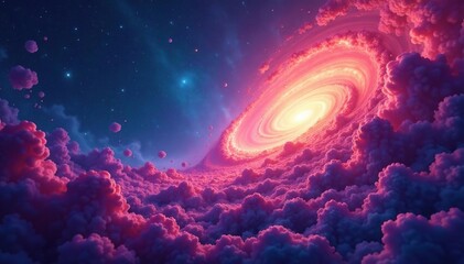 Swirling nebulae & geometric shapes blend in vibrant hues, motion, overlay