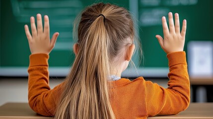 Girl Raises Hands in Classroom, Green Chalkboard Background