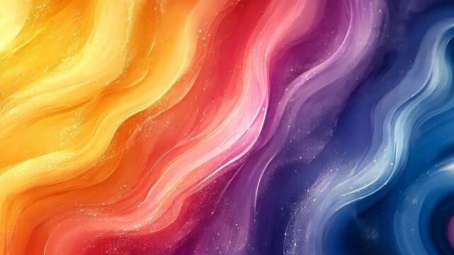 Abstract swirling artwork with vibrant hues of orange, red, purple, and blue, interspersed with glittering particles