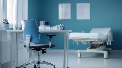 Doctor office table and chair with white lab coat on it and white paper nobody. telephone and tools on work desk by the therapy bed in clinic. bright and modern empty workplace in hospital. ai generat