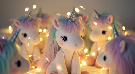 Naklejka premium Close-up of pastel unicorn toys illuminated with warm fairy lights, creating a dreamy and magical ambiance
