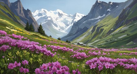 Obraz premium Mountain Valley Landscape with Flowers and Snow Capped Peaks