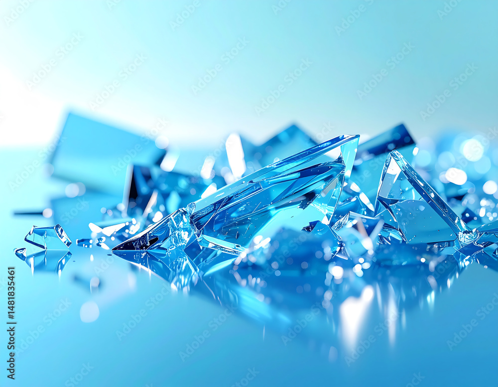 Poster shimmering blue glass shards reflect light on a smooth surface, creating an artistic and vibrant vis