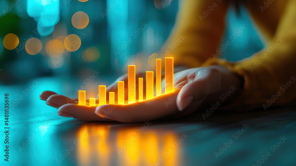 Poster hand holding glowing bar chart symbolizing business success and growth, with blurred background crea