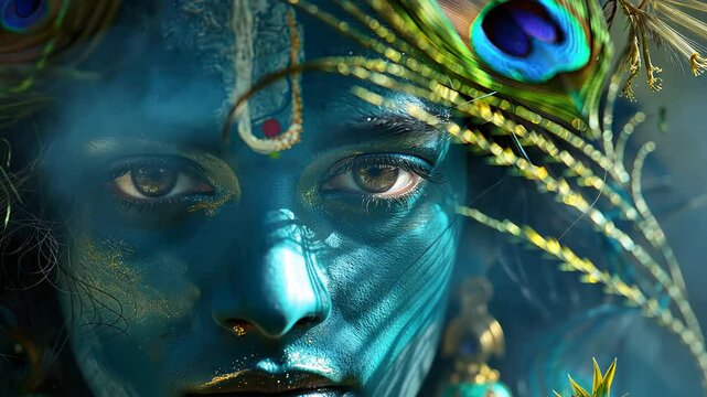 Mystical vision: Krishna video, Vishnu incarnation, celestial force, sacred mythology, divine being, Hindu lore, revered essence, spiritual legacy, eternal truth, Yadava ruler, cosmic power.