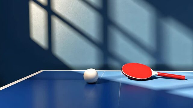 Indoor Ping Pong Game Setup Featuring a Red Paddle and White Ball on a Blue Table with Geometric Sunlight