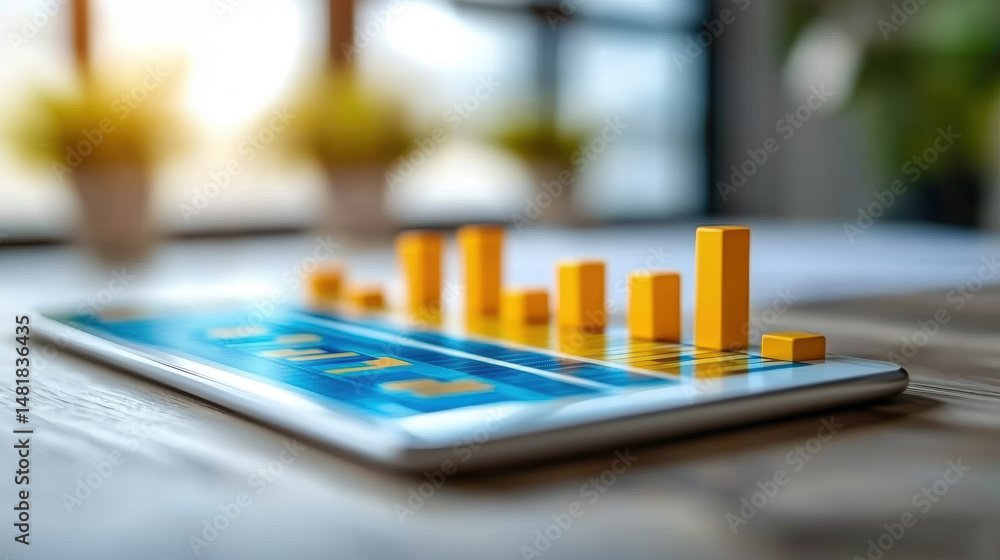 Poster digital marketing analytics tool displaying real time campaign data on tablet, showcasing vibrant ye