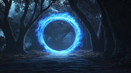 Mystical Blue Portal in the Dark Forest: A Digital Fantasy