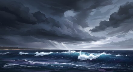 Fototapeta premium Ocean Waves Crashing Under Dramatic Stormy Sky