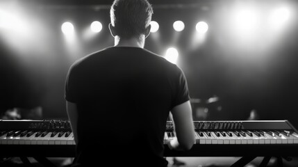 Keyboardist performing live on stage in monochrome with a dark background creating captivating musical performance with dramatic stage lighting for concert atmosphere 