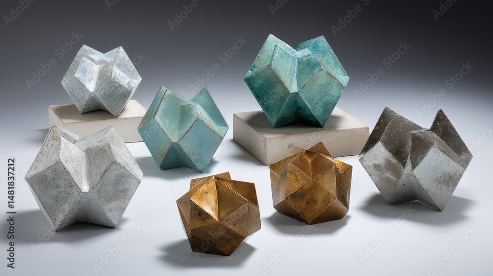 Poster brightly colored geometric 3d-printed sculptures are displayed on a neutral platform, softly illumin