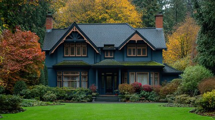 A beautiful new house in Surrey, near Vancouver, Canada, showcasing a two-story cottage with street trees.