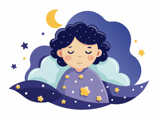 A person sleeping under a fluffy duvet with stars above. White background, peaceful night sleep illustration