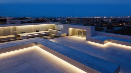 Modern rooftop terrace at dusk, illuminated by LED lights. - Powered by Adobe