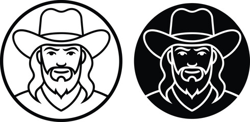 Cowboy portrait vector illustration featuring hat beard and long hair in circular frame