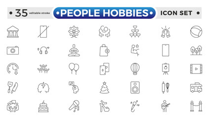 People Hobbies outline Icons set. Vector illustration in modern thin line style of human life-related icons: nutrition, entertainment, personal development, daily routine. Editable stroke outline icon