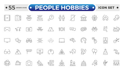 People Hobbies outline Icons set. Vector illustration in modern thin line style of human life-related icons: nutrition, entertainment, personal development, daily routine. Editable stroke outline icon