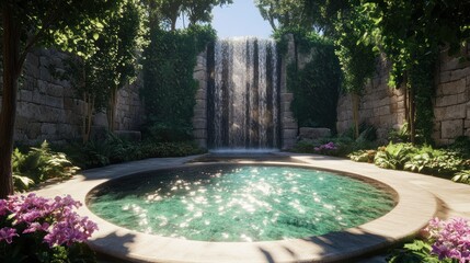 Serene Oasis: Hidden Waterfall and Tranquil Pool in Lush Garden