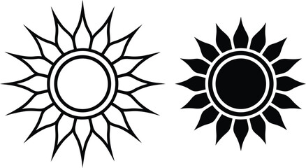 Two stylized sun silhouettes with black and white outlines on isolated white background