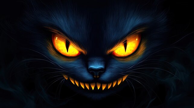 Creepy Grin, Black Cat Glowing Eyes In Darkness. Halloween Themed Vector.