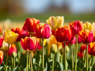 A field of multicolored tulips in soft focus, evoking a dreamy springtime atmosphere.