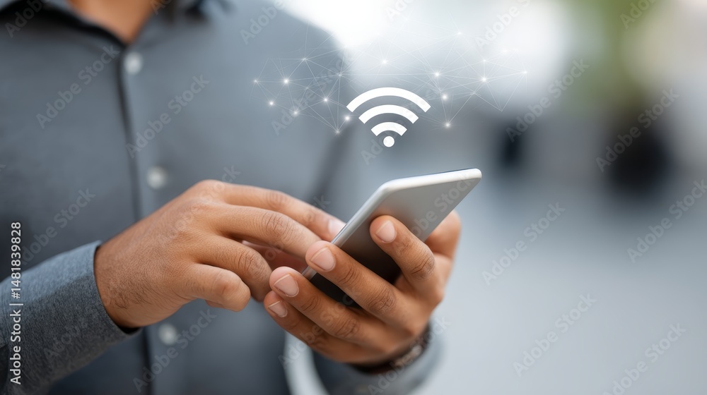Aufkleber hands hold a smartphone, displaying a holographic wi-fi icon in a softly blurred tech-themed backdro