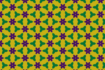 Stylish ornamental print ideal for textiles. A bold geometric green, violet floral pattern on yellow background. Decorative pattern.